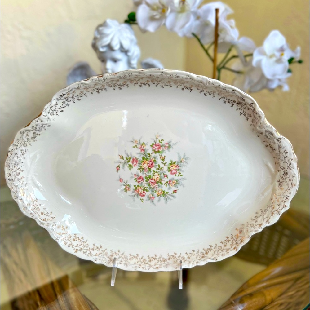 Taylor Smith Taylor Platter with Pink Rosebuds 11.5" Stamped 22K Gold Trim